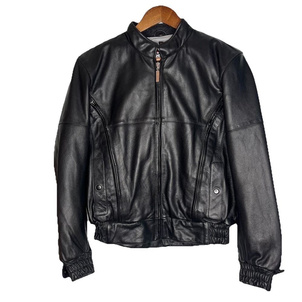 First Gear Womens Black Heavy Duty Vented Padded Leather Motorcycle Jacket M